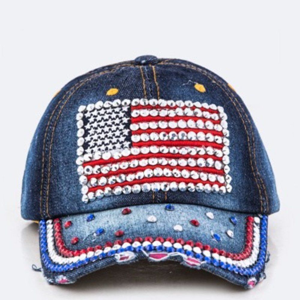 Crystal Bling American US Flag Embellished Denim Cap NEW